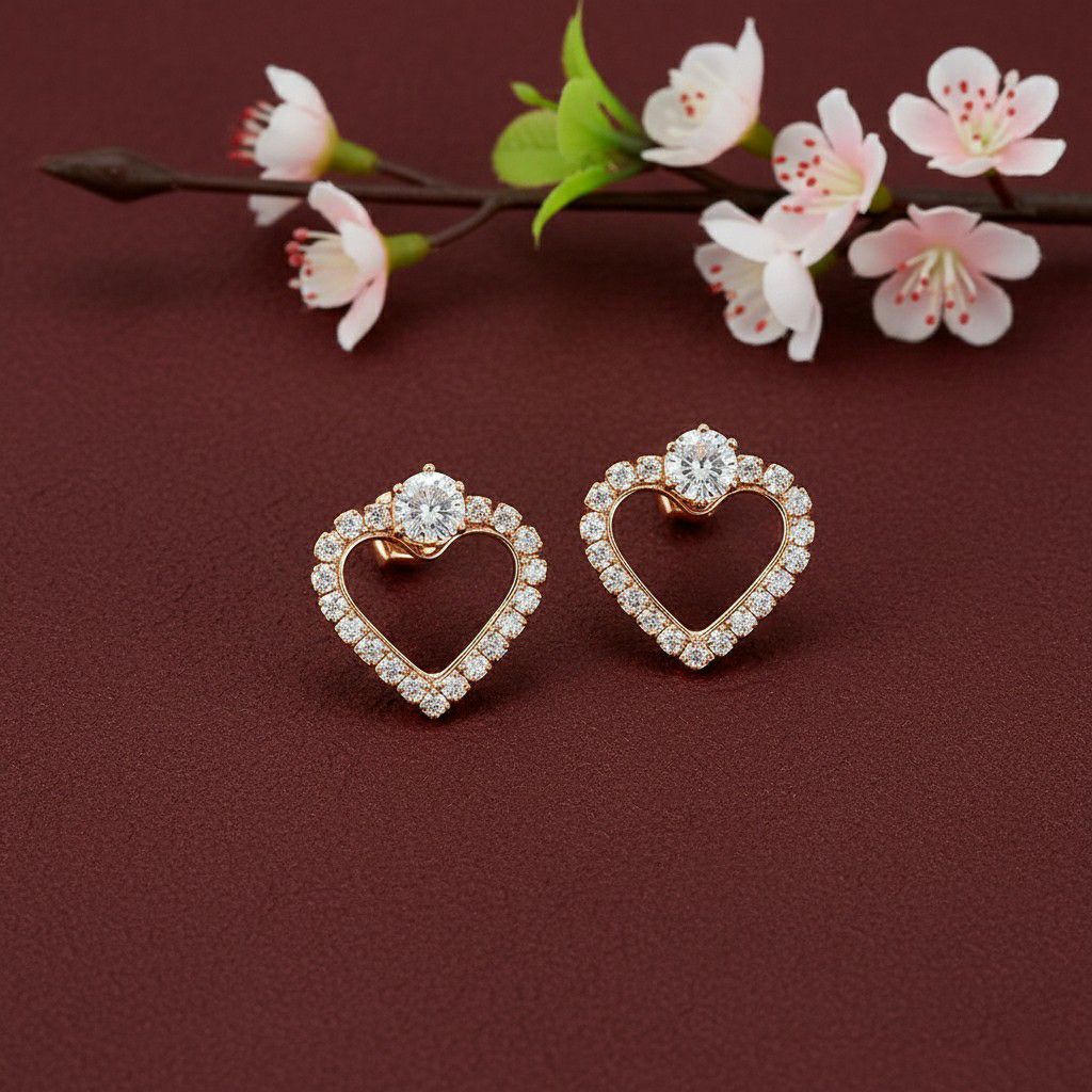 Rose Gold Plated American Diamond Heart Stud Earrings for Women | Small Heart Shape Earrings | Brass & Copper Jewellery | EA-6