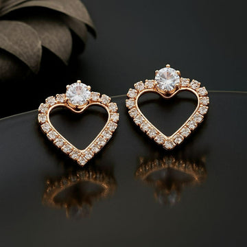Rose Gold Plated American Diamond Heart Stud Earrings for Women | Small Heart Shape Earrings | Brass & Copper Jewellery | EA-6