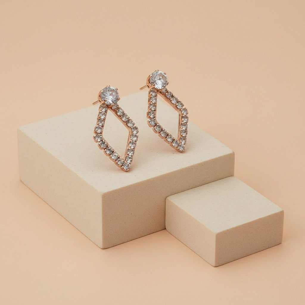 Rose Gold Plated American Diamond Heart Stud Earrings for Women | Small Brass & Copper Earrings | EA-7