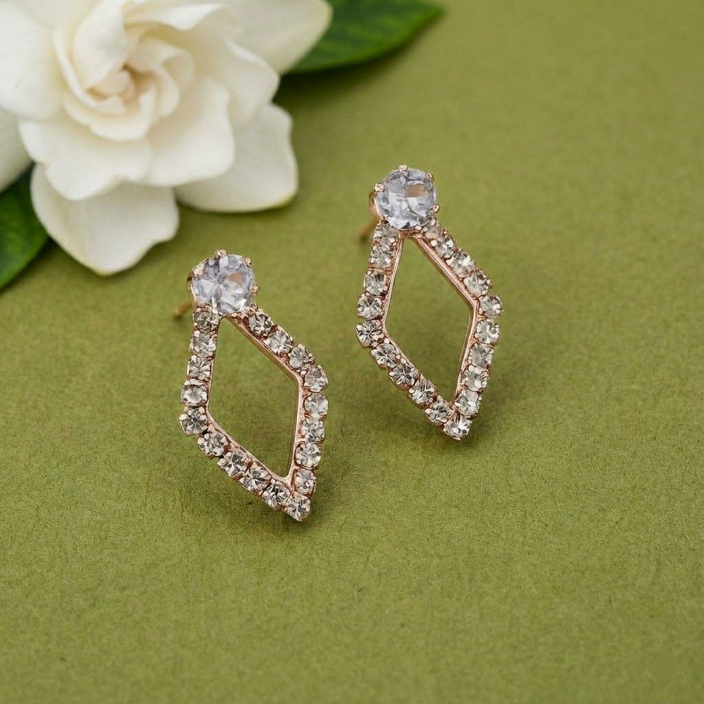 Rose Gold Plated American Diamond Heart Stud Earrings for Women | Small Brass & Copper Earrings | EA-7