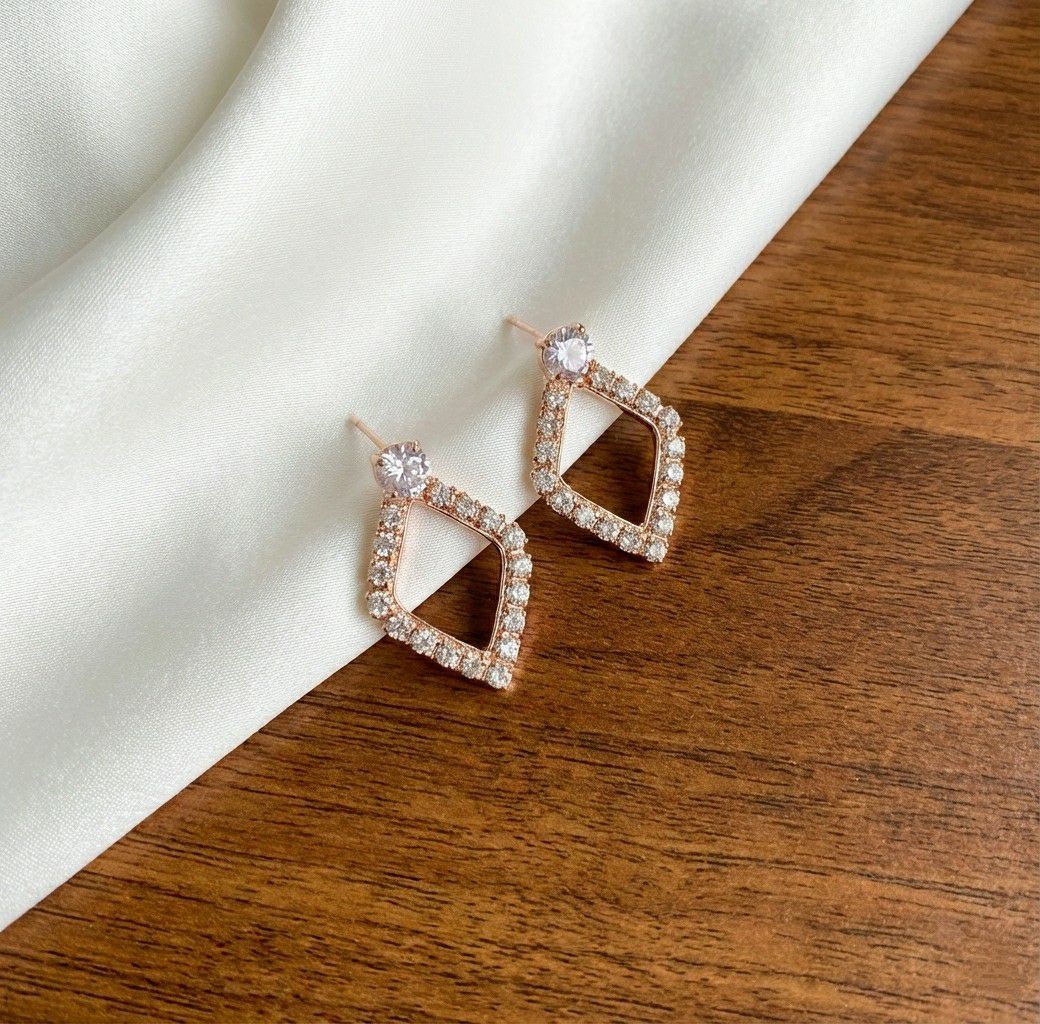Rose Gold Plated American Diamond Heart Stud Earrings for Women | Small Brass & Copper Earrings | EA-7