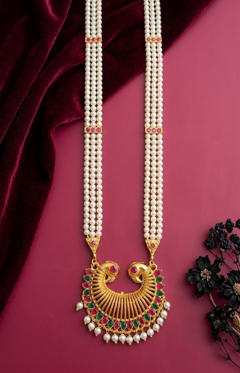 Gold Plated Meenakari Moti Necklace for Women | American Diamond Adjustable Maharashtrian Necklace | Traditional Jewellery | N-22