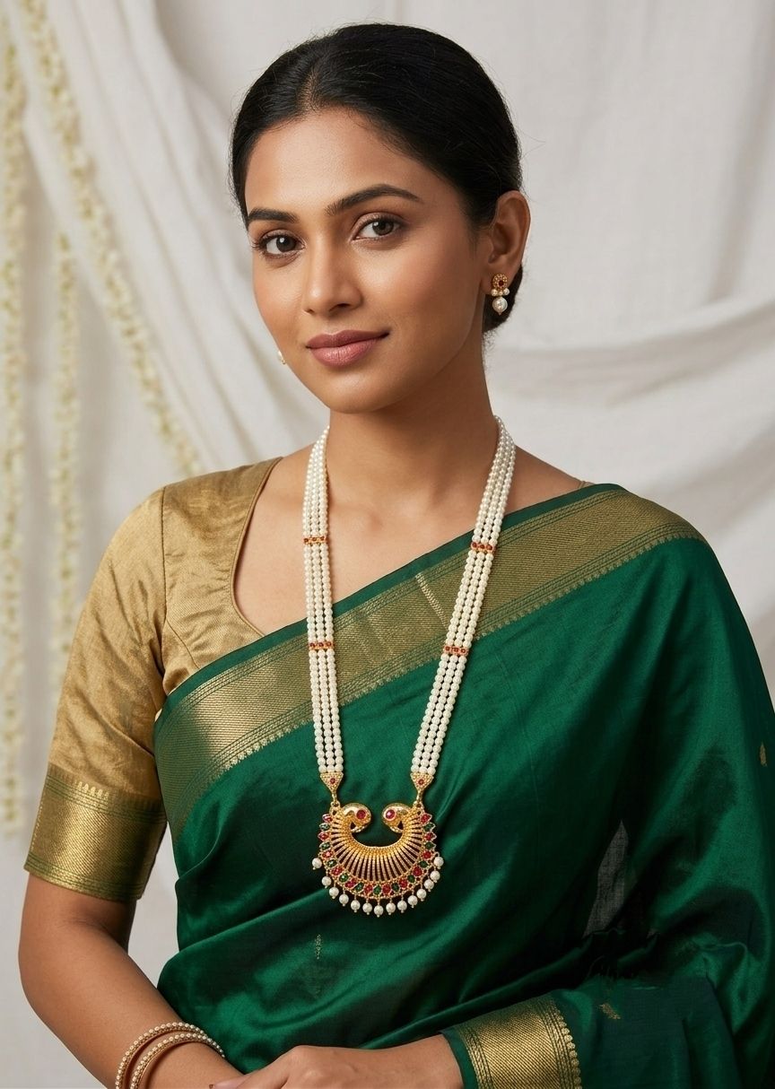 Gold Plated Meenakari Moti Necklace for Women | American Diamond Adjustable Maharashtrian Necklace | Traditional Jewellery | N-22