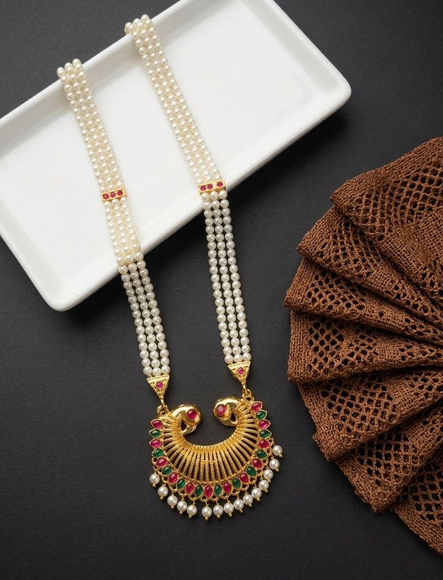 Gold Plated Meenakari Moti Necklace for Women | American Diamond Adjustable Maharashtrian Necklace | Traditional Jewellery | N-22
