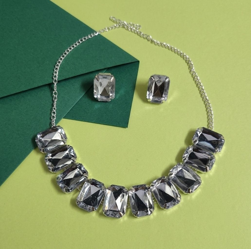 Silver Plated American Diamond Choker Necklace Set for Women | Meenakari Necklace with Earrings | Adjustable Jewellery Set | Imitation Jewellery  | N-23
