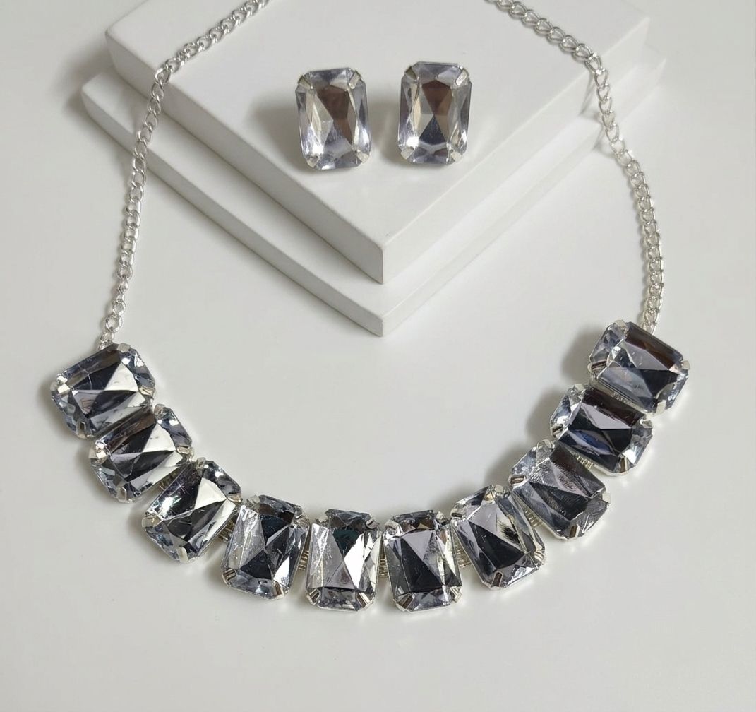 Silver Plated American Diamond Choker Necklace Set for Women | Meenakari Necklace with Earrings | Adjustable Jewellery Set | Imitation Jewellery  | N-23