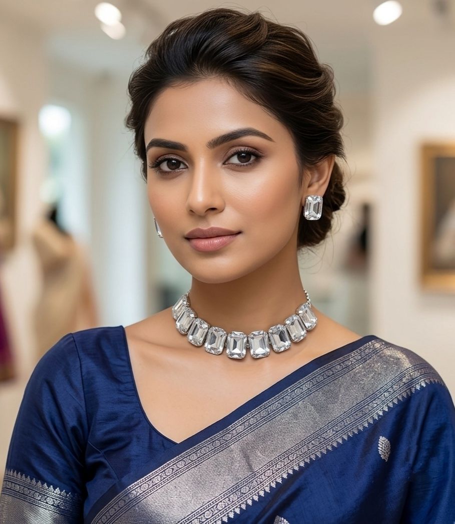 Silver Plated American Diamond Choker Necklace Set for Women | Meenakari Necklace with Earrings | Adjustable Jewellery Set | Imitation Jewellery  | N-23