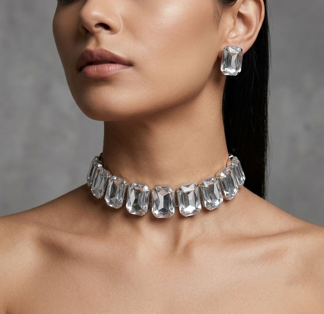 Silver Plated American Diamond Choker Necklace Set for Women | Meenakari Necklace with Earrings | Adjustable Jewellery Set | Imitation Jewellery  | N-23