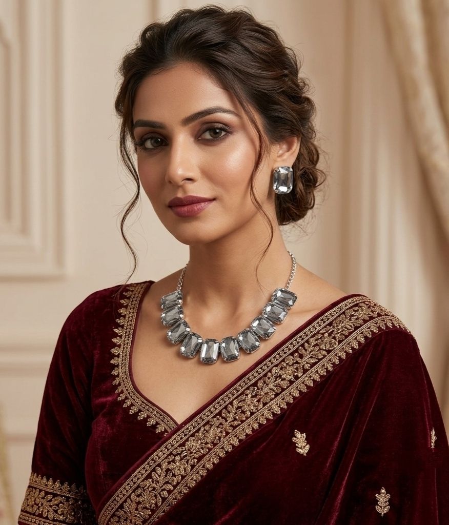 Silver Plated American Diamond Choker Necklace Set for Women | Meenakari Necklace with Earrings | Adjustable Jewellery Set | Imitation Jewellery  | N-23