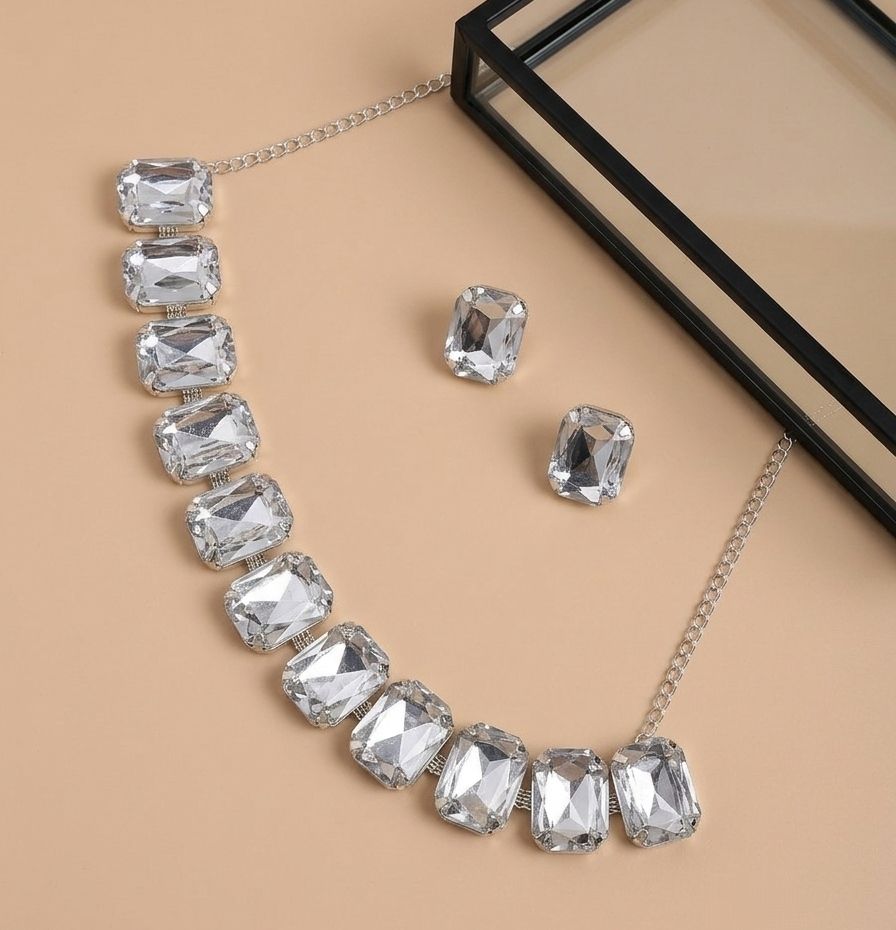 Silver Plated American Diamond Choker Necklace Set for Women | Meenakari Necklace with Earrings | Adjustable Jewellery Set | N-23