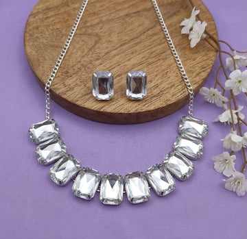 Silver Plated American Diamond Choker Necklace Set for Women | Meenakari Necklace with Earrings | Adjustable Jewellery Set | Imitation Jewellery  | N-23