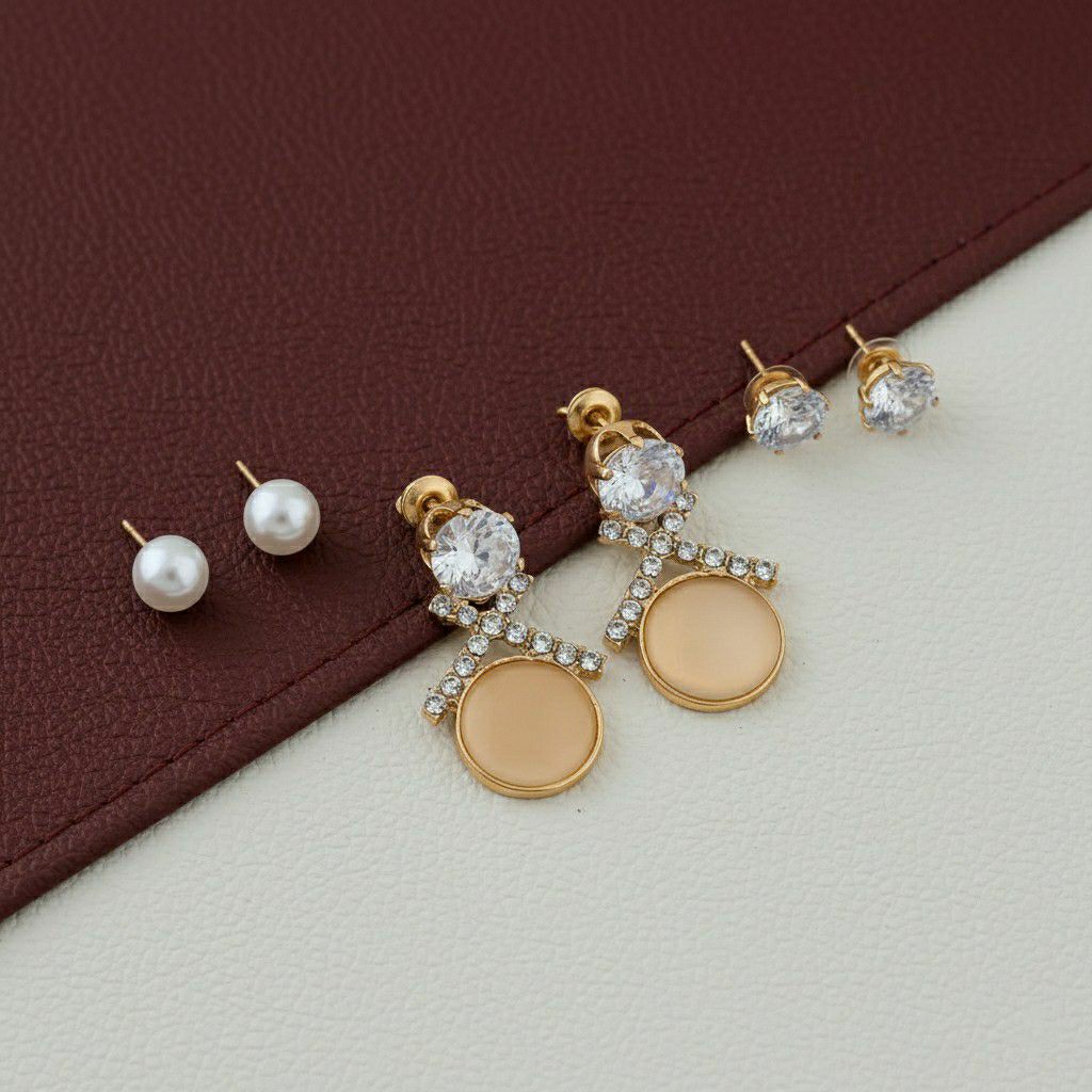 Gold Plated American Diamond Stud & Drop Earrings Combo for Women | 3 Pair Small Earrings Set | Brass & Copper | EA-4
