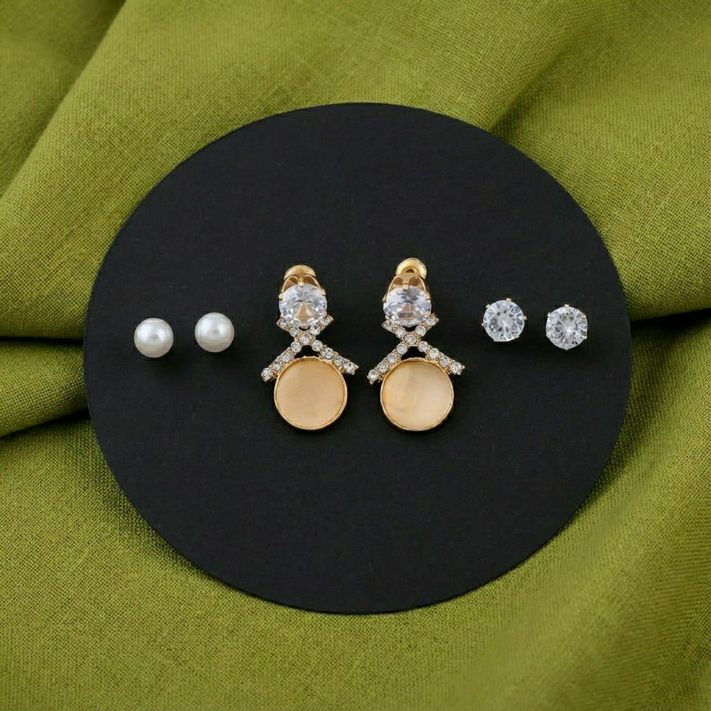 Gold Plated American Diamond Stud & Drop Earrings Combo for Women | 3 Pair Small Earrings Set | Brass & Copper | EA-4