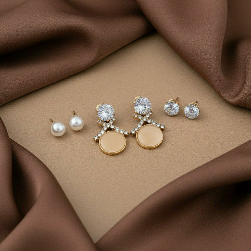 Gold Plated American Diamond Stud & Drop Earrings Combo for Women | 3 Pair Small Earrings Set | Brass & Copper | EA-4