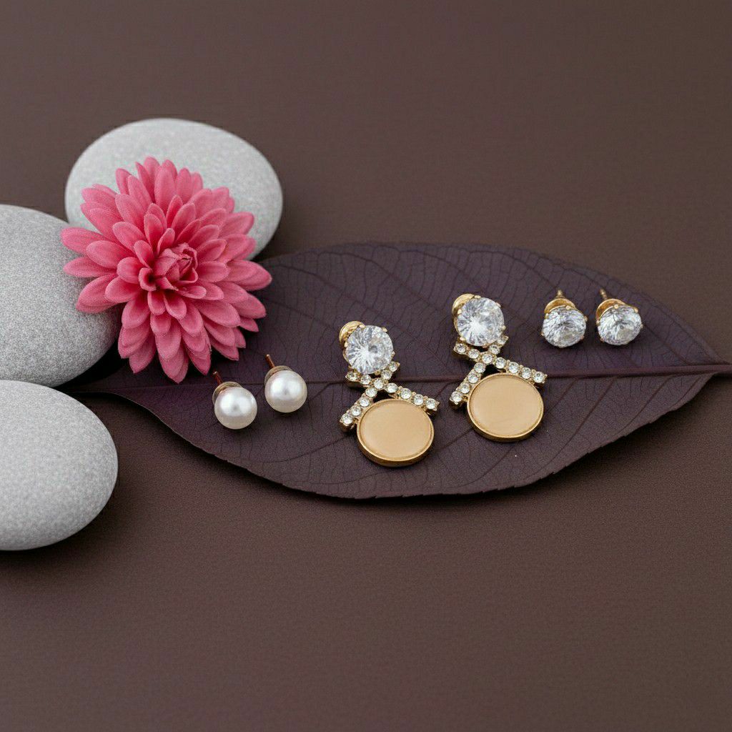 Gold Plated American Diamond Stud & Drop Earrings Combo for Women | 3 Pair Small Earrings Set | Brass & Copper | EA-4