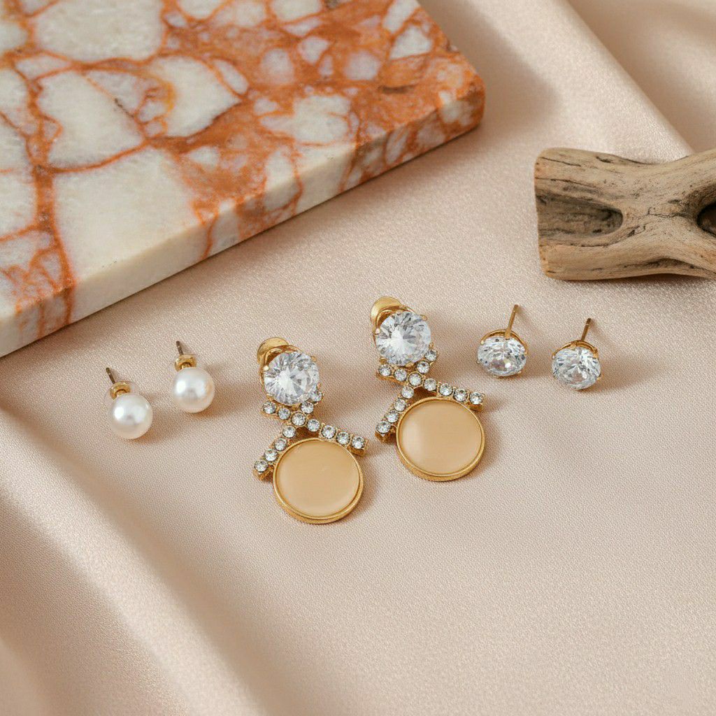 Gold Plated American Diamond Stud & Drop Earrings Combo for Women | 3 Pair Small Earrings Set | Brass & Copper | EA-4