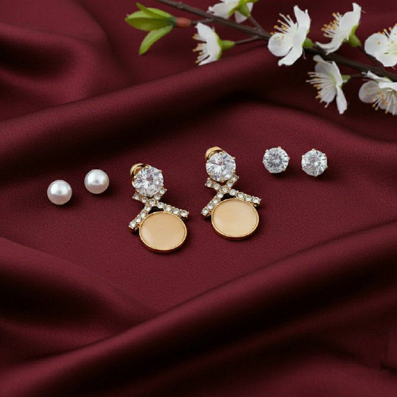 Gold Plated American Diamond Stud & Drop Earrings Combo for Women | 3 Pair Small Earrings Set | Brass & Copper | EA-4