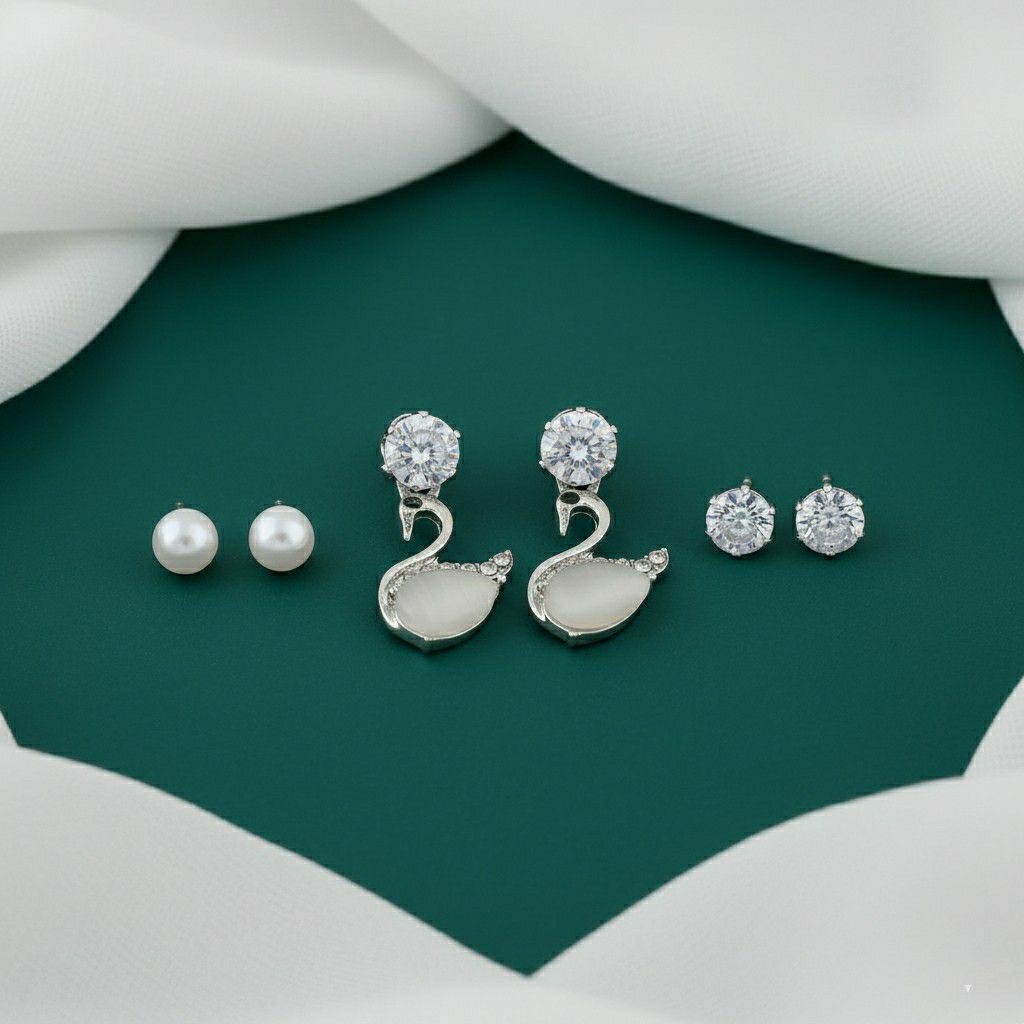 Silver Plated American Diamond Stud & Drop Earrings Combo for Women | 3 Pair Small Earrings Set | Brass & Copper | EA-5
