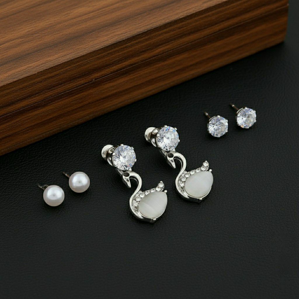 Silver Plated American Diamond Stud & Drop Earrings Combo for Women | 3 Pair Small Earrings Set | Brass & Copper | EA-5