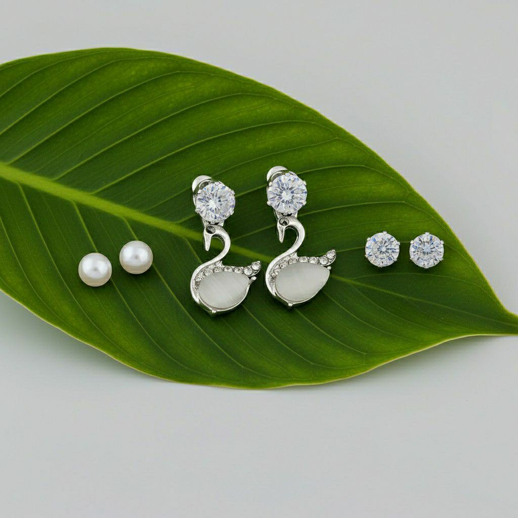Silver Plated American Diamond Stud & Drop Earrings Combo for Women | 3 Pair Small Earrings Set | Brass & Copper | EA-5