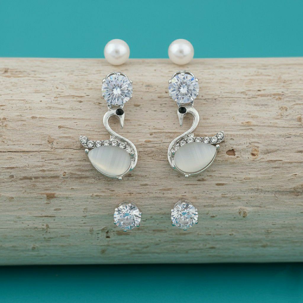 Silver Plated American Diamond Stud & Drop Earrings Combo for Women | 3 Pair Small Earrings Set | Brass & Copper | EA-5
