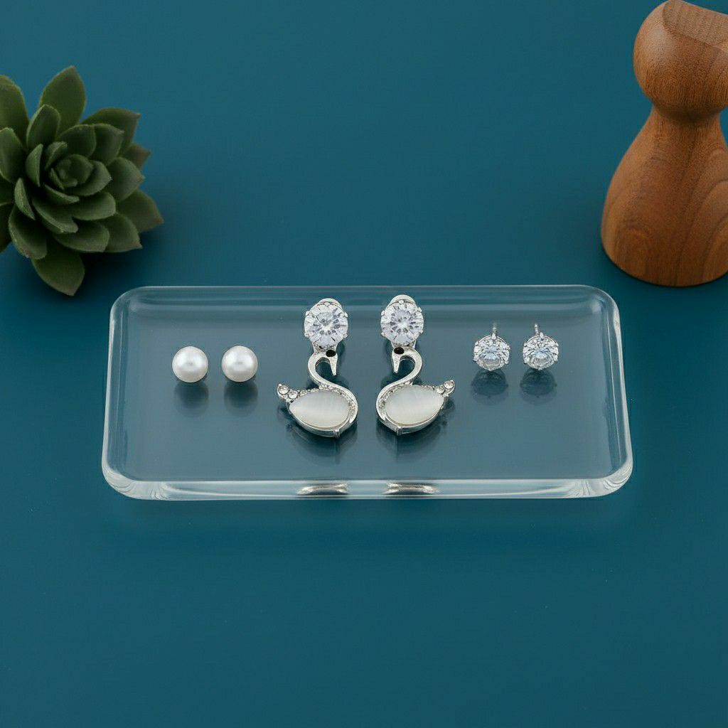 Silver Plated American Diamond Stud & Drop Earrings Combo for Women | 3 Pair Small Earrings Set | Brass & Copper | EA-5