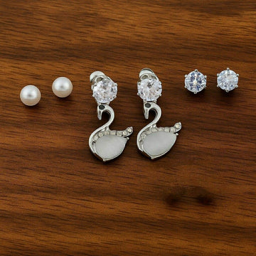 Silver Plated American Diamond Stud & Drop Earrings Combo for Women | 3 Pair Small Earrings Set | Brass & Copper | EA-5