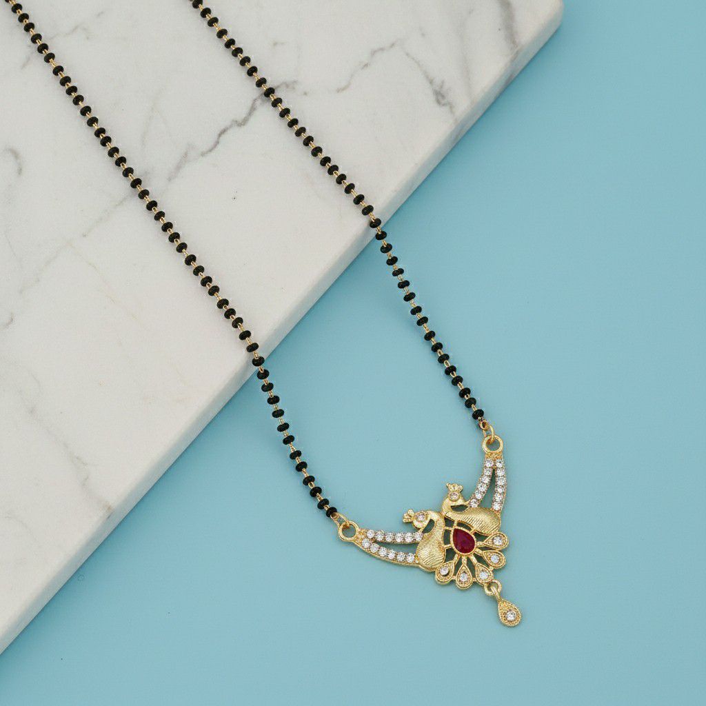 Gold Plated American Diamond Short Mangalsutra for Women | Minimal Single Strand Mangalsutra | Brass Jewellery | M-2