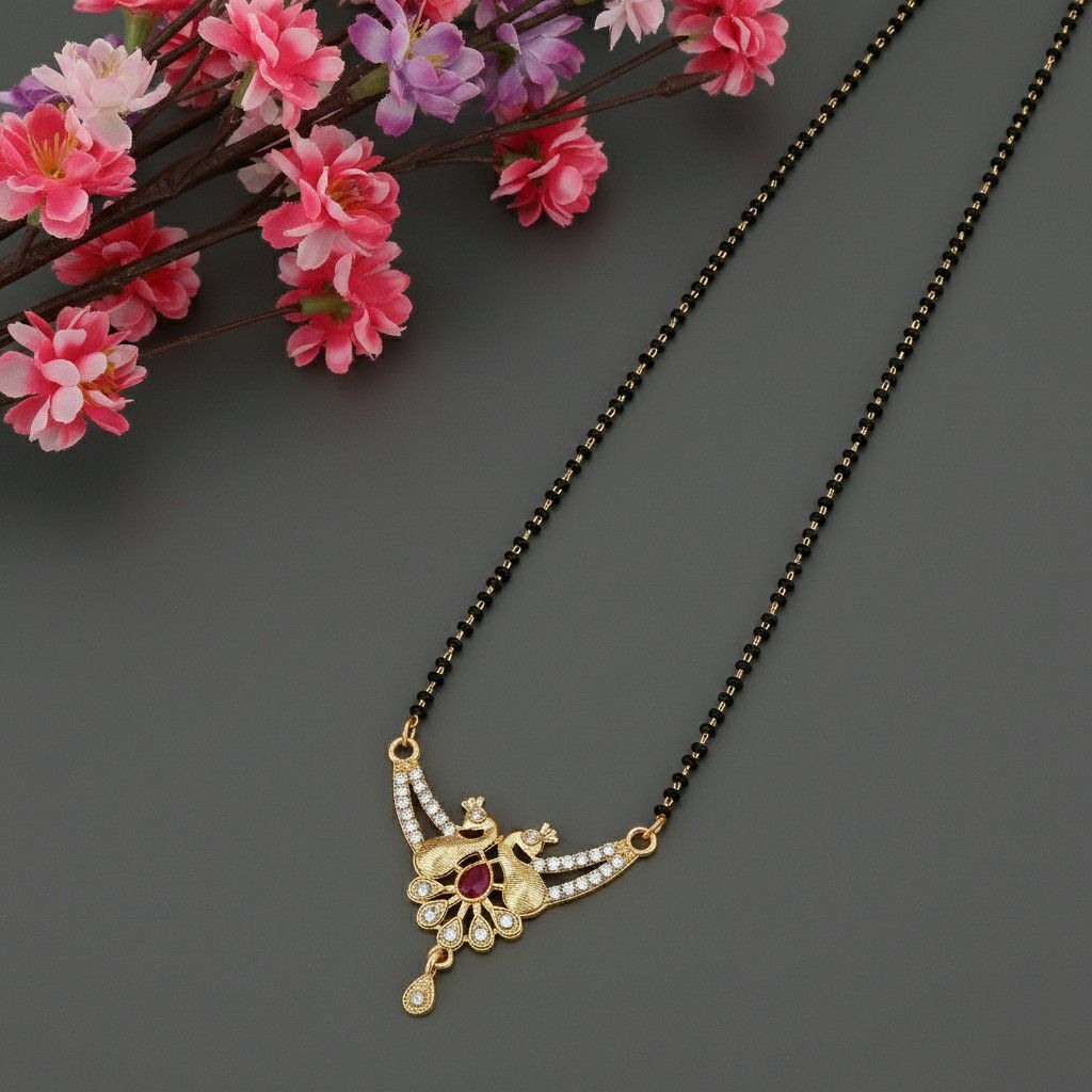 Gold Plated American Diamond Short Mangalsutra for Women | Minimal Single Strand Mangalsutra | Brass Jewellery | M-2
