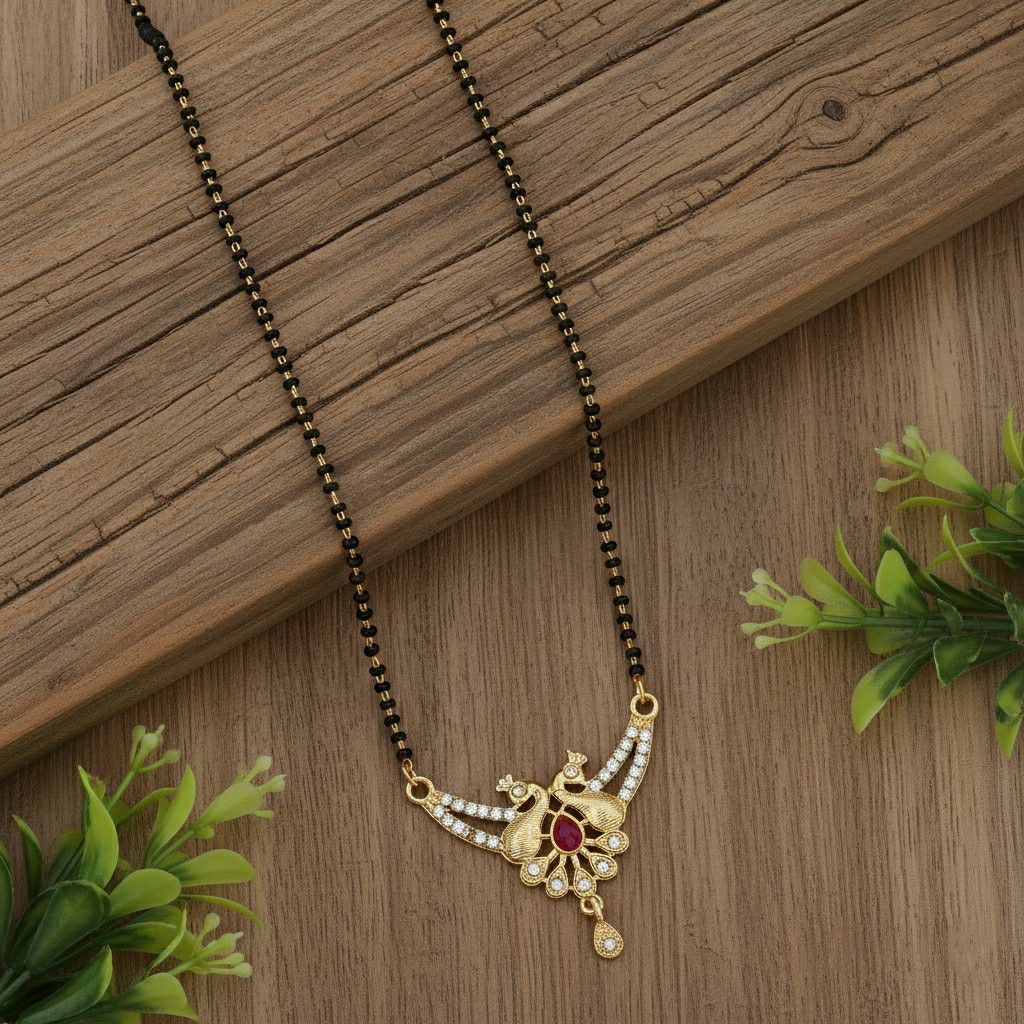 Gold Plated American Diamond Short Mangalsutra for Women | Minimal Single Strand Mangalsutra | Brass Jewellery | M-2