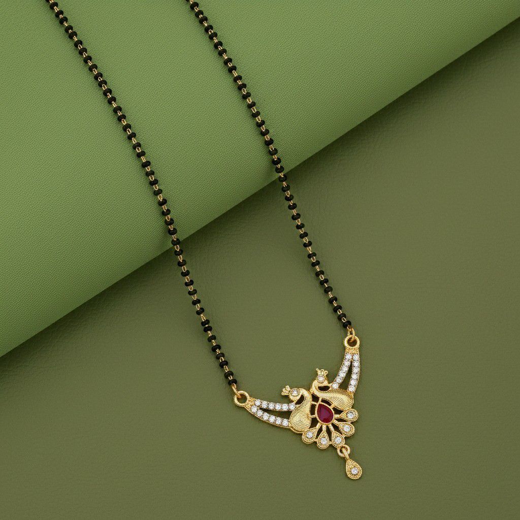 Gold Plated American Diamond Short Mangalsutra for Women | Minimal Single Strand Mangalsutra | Brass Jewellery | M-2