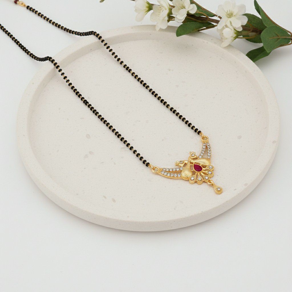 Gold Plated American Diamond Short Mangalsutra for Women | Minimal Single Strand Mangalsutra | Brass Jewellery | M-2