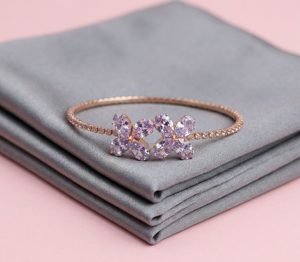 Rose Gold Plated American Diamond Flower Bracelet for Women | Adjustable Free Size Bracelet | Elegant Party Wear Jewellery | B-52