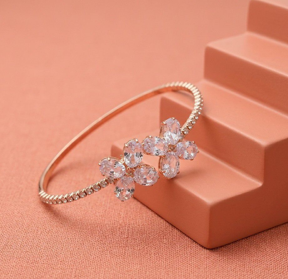 Rose Gold Plated American Diamond Flower Bracelet for Women | Adjustable Free Size Bracelet | Elegant Party Wear Jewellery | B-52