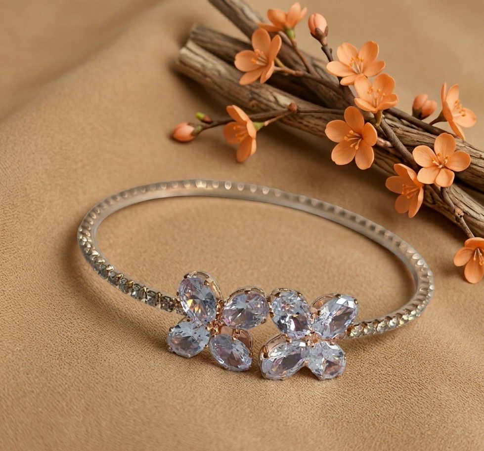 Rose Gold Plated American Diamond Flower Bracelet for Women | Adjustable Free Size Bracelet | Elegant Party Wear Jewellery | B-52