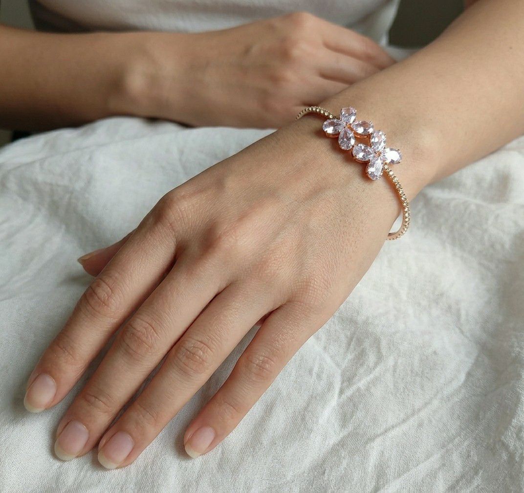 Rose Gold Plated American Diamond Flower Bracelet for Women | Adjustable Free Size Bracelet | Elegant Party Wear Jewellery | B-52