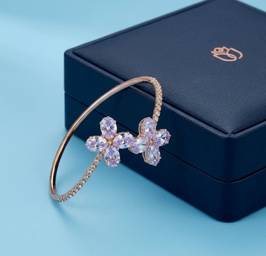 Rose Gold Plated American Diamond Flower Bracelet for Women | Adjustable Free Size Bracelet | Elegant Party Wear Jewellery | B-52