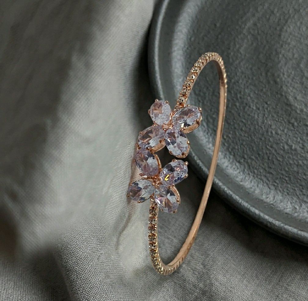 Rose Gold Plated American Diamond Flower Bracelet for Women | Adjustable Free Size Bracelet | Elegant Party Wear Jewellery | B-52