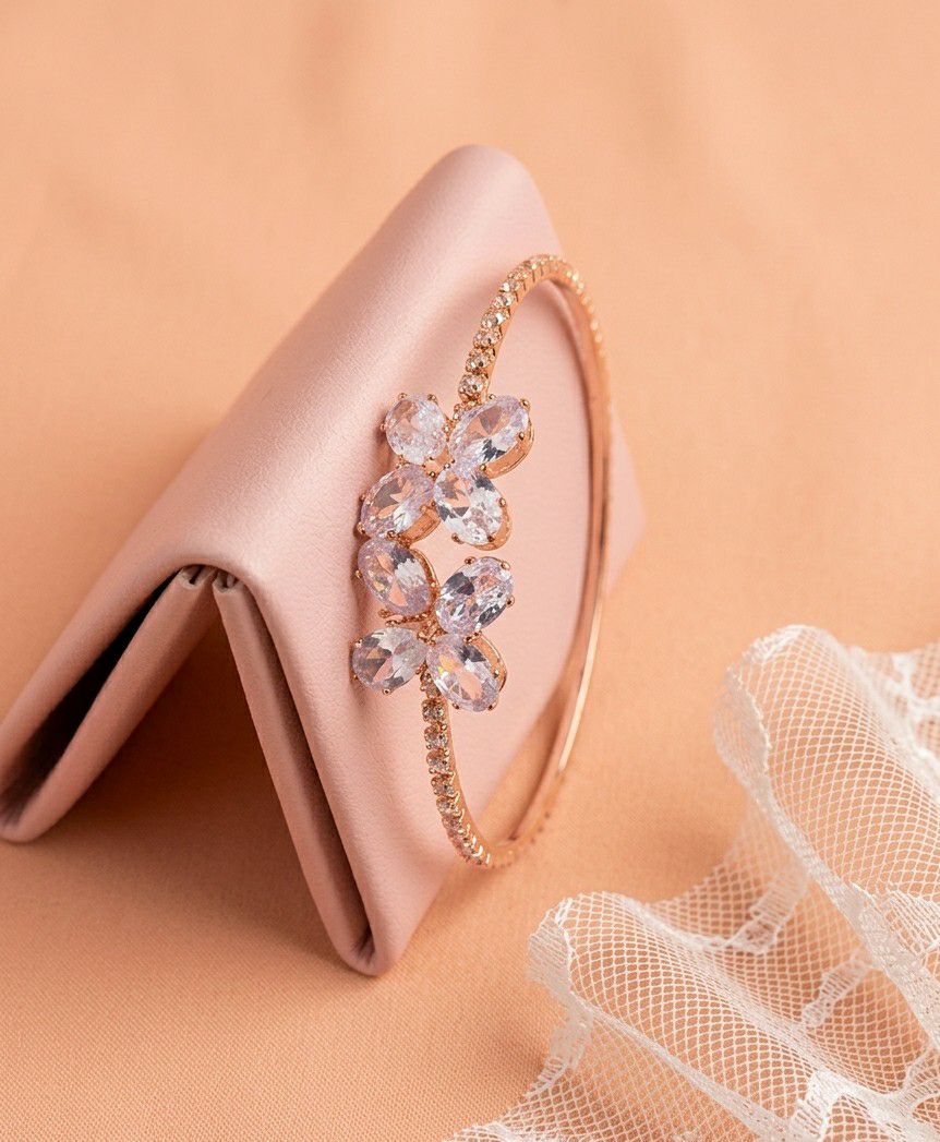 Rose Gold Plated American Diamond Flower Bracelet for Women | Adjustable Free Size Bracelet | Elegant Party Wear Jewellery | B-52