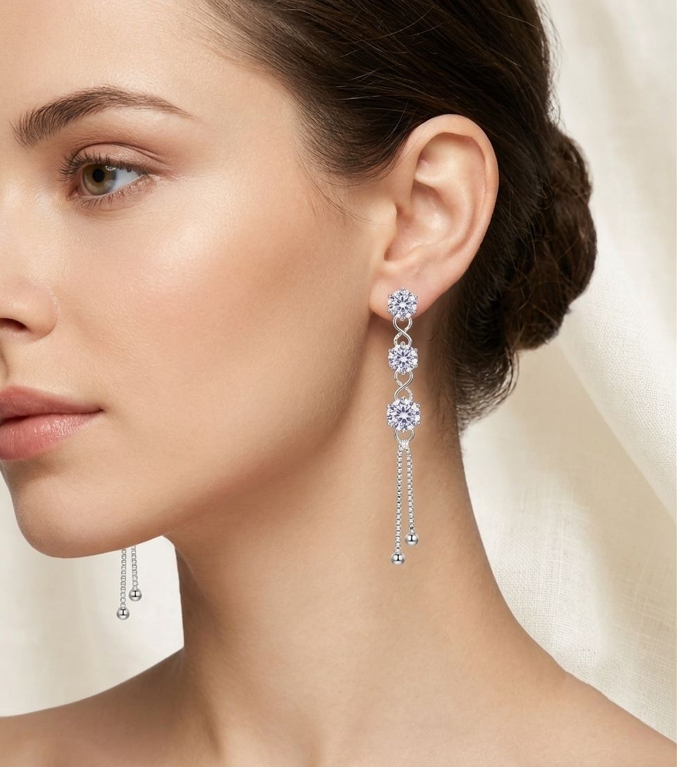 Silver Plated American Diamond Latkan Earrings for Women | Brass Fancy Drop Earrings | Party Wear Jewellery | EA-56
