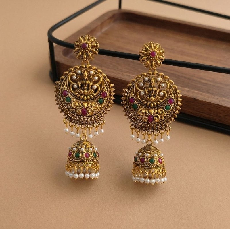 Gold Plated Meenakari Bahubali Jhumka Earrings for Women | Matte Finish Long Laxmi Temple Earrings | Traditional Jewellery | EA-57