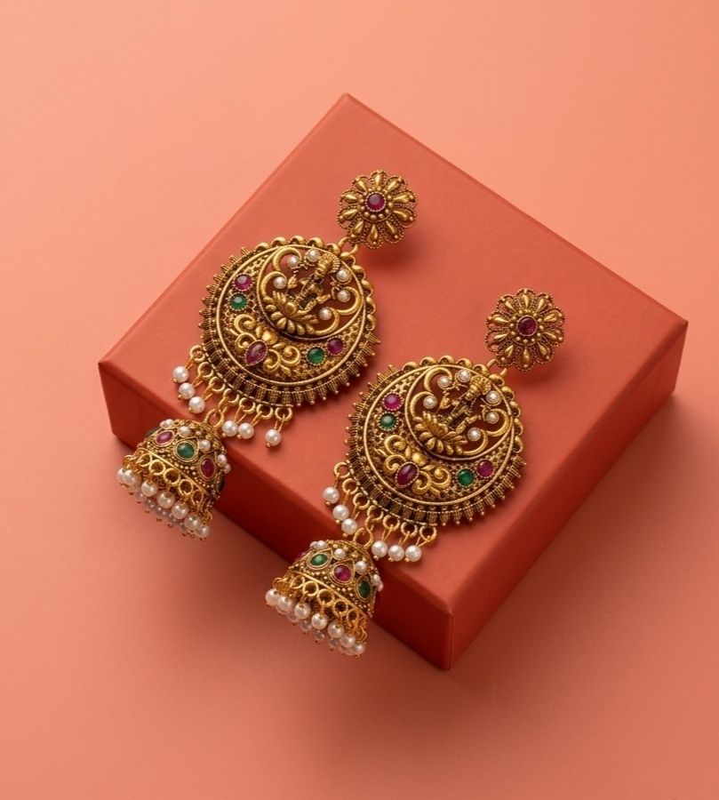 Gold Plated Meenakari Bahubali Jhumka Earrings for Women | Matte Finish Long Laxmi Temple Earrings | Traditional Jewellery | EA-57