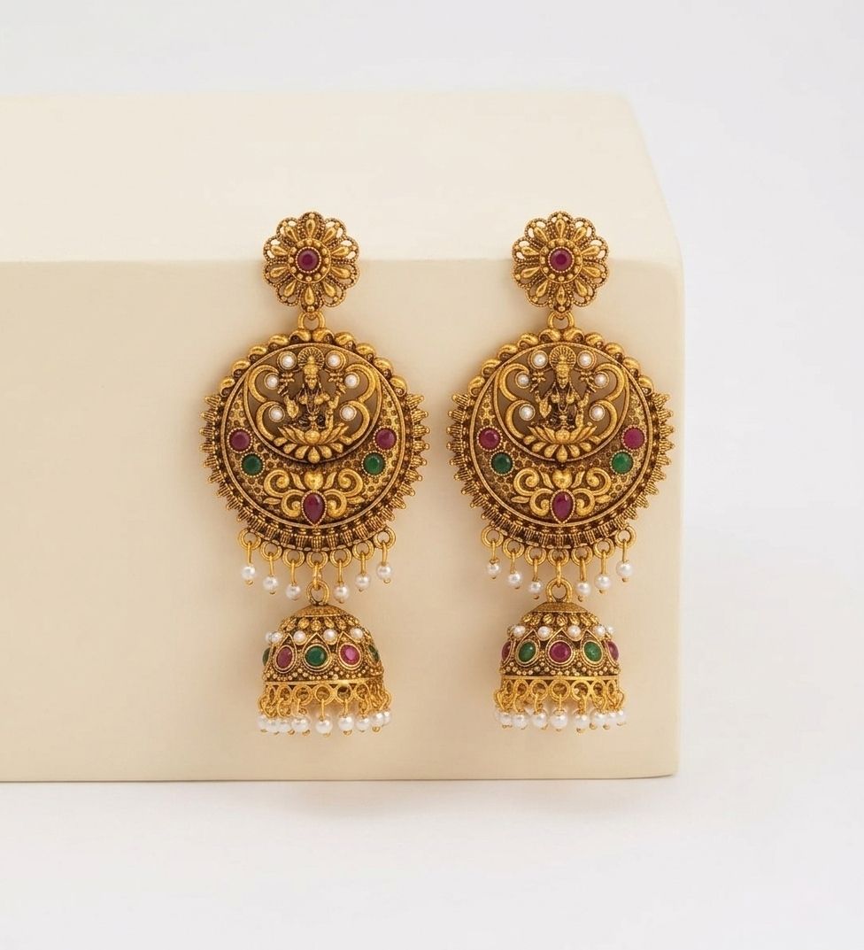 Gold Plated Meenakari Bahubali Jhumka Earrings for Women | Matte Finish Long Laxmi Temple Earrings | Traditional Jewellery | EA-57