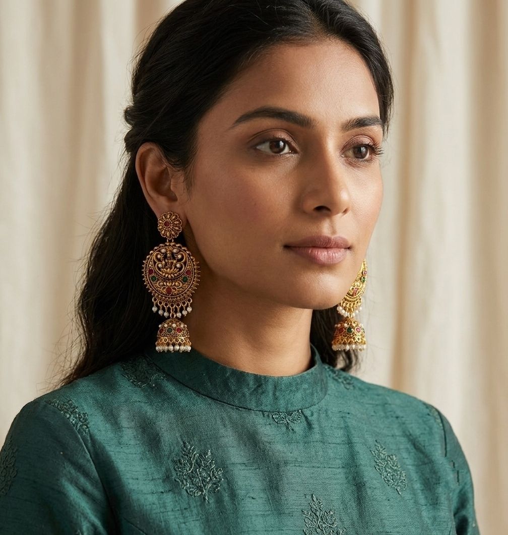 Gold Plated Meenakari Bahubali Jhumka Earrings for Women | Matte Finish Long Laxmi Temple Earrings | Traditional Jewellery | EA-57