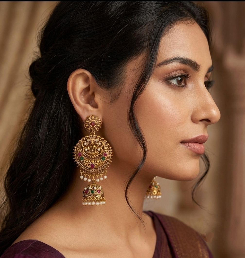 Gold Plated Meenakari Bahubali Jhumka Earrings for Women | Matte Finish Long Laxmi Temple Earrings | Traditional Jewellery | EA-57