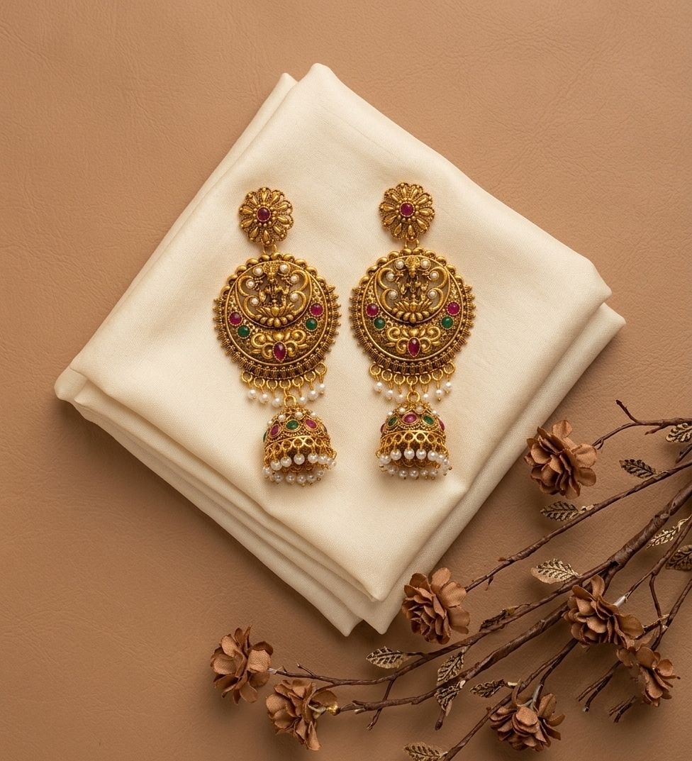 Gold Plated Meenakari Bahubali Jhumka Earrings for Women | Matte Finish Long Laxmi Temple Earrings | Traditional Jewellery | EA-57