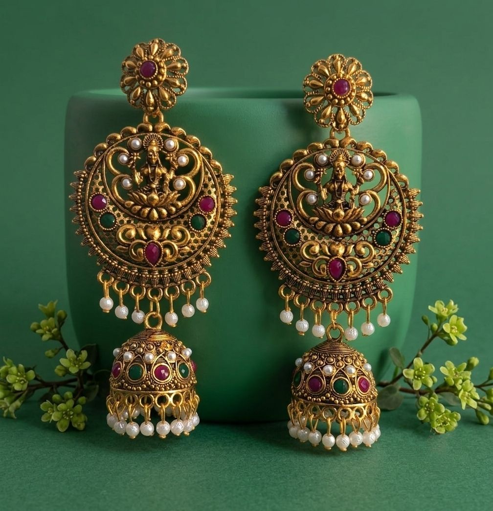 Gold Plated Meenakari Bahubali Jhumka Earrings for Women | Matte Finish Long Laxmi Temple Earrings | Traditional Jewellery | EA-57