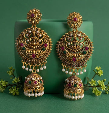 Gold Plated Meenakari Bahubali Jhumka Earrings for Women | Matte Finish Long Laxmi Temple Earrings | Traditional Jewellery | EA-57