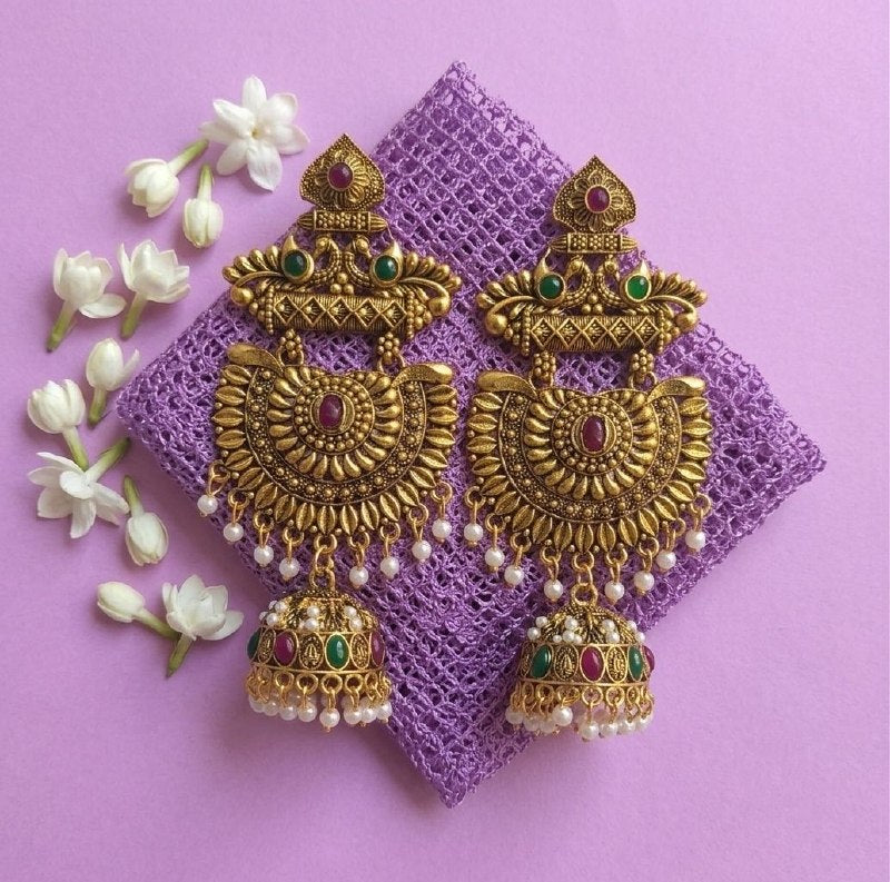 Gold Plated Meenakari Bahubali Jhumka Earrings for Women | Matte Finish Long Temple Earrings | Laxmi Design | EA-58