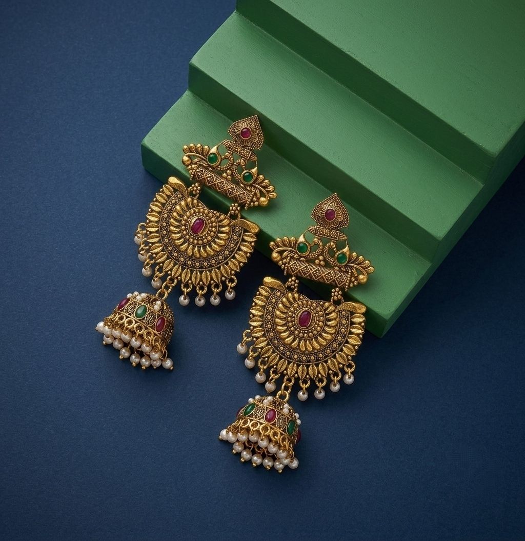 Gold Plated Meenakari Bahubali Jhumka Earrings for Women | Matte Finish Long Temple Earrings | Laxmi Design | EA-58